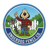 Cartoon dog mascot in a red plaid shirt beside a fence camera, with &ldquo;UNDERDOG FENCE CO.&rdquo; logo text.