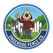 Cartoon dog mascot in a red plaid shirt beside a fence camera, with &ldquo;UNDERDOG FENCE CO.&rdquo; logo text.