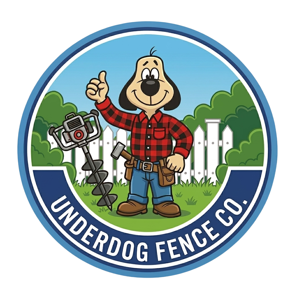 Cartoon dog mascot in a red plaid shirt beside a fence camera, with “UNDERDOG FENCE CO.” logo text.