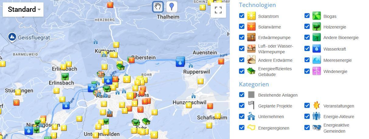Karte Standorte erneuerbare Energie CH