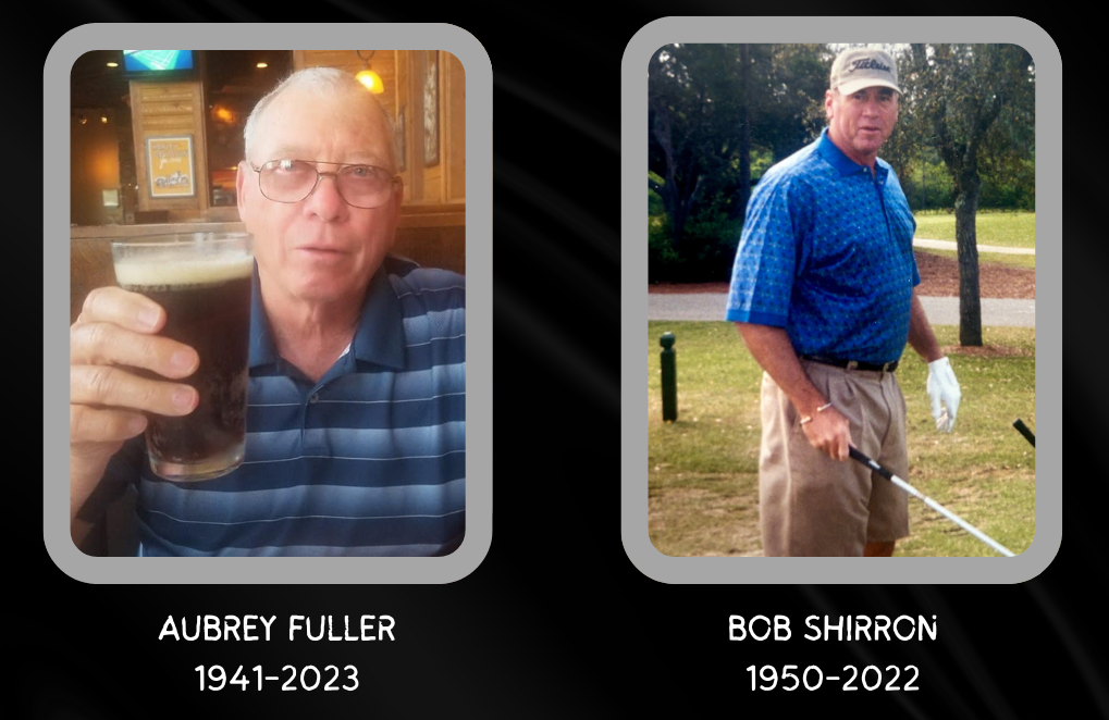 A man is holding a glass of beer and a man is holding a golf club.