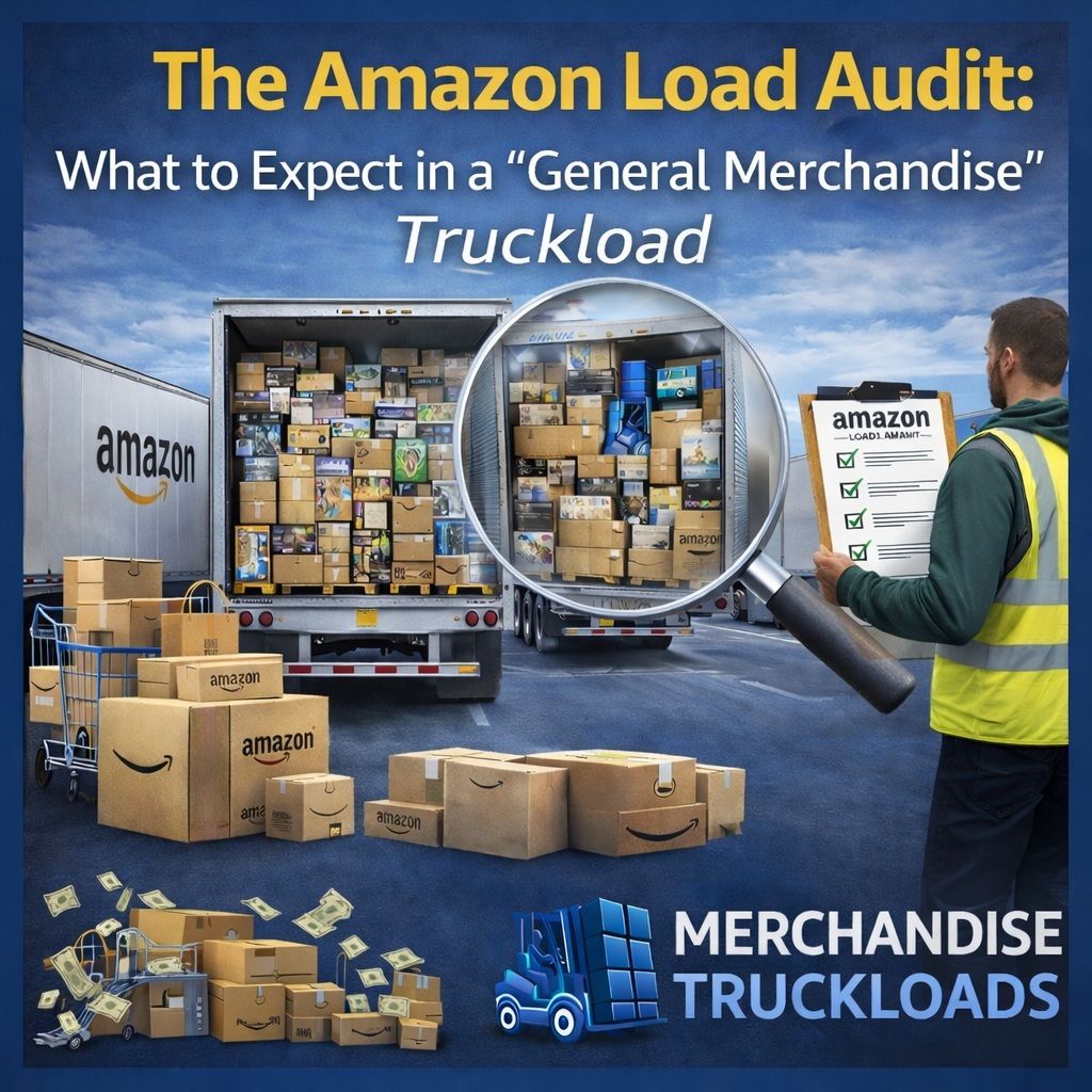 Open Amazon general merchandise truckload under inspection, showing mixed retail boxes during a load