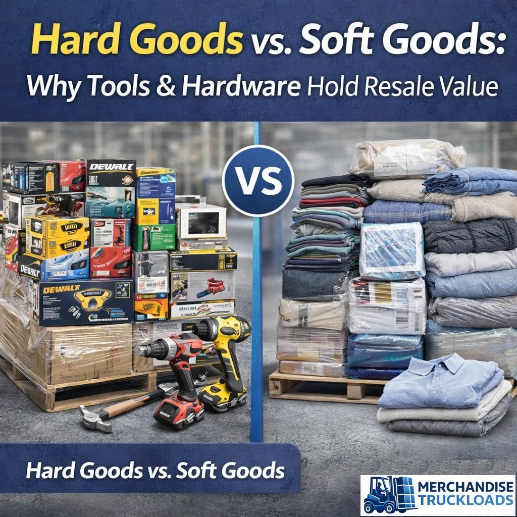 Split-screen pallets of tools and hardware versus clothing and bedding showing resale value compare
