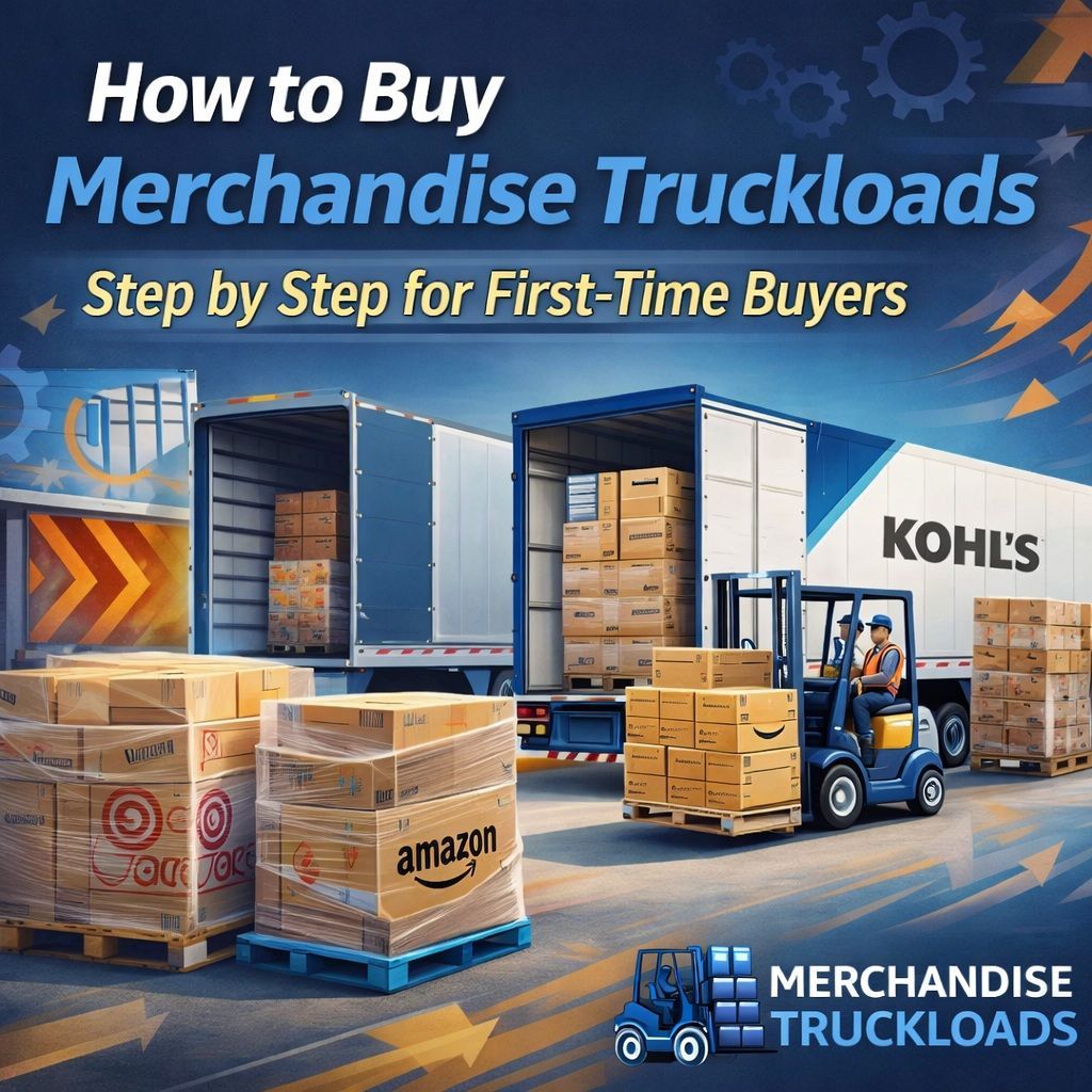 A 53-foot semi-truck being loaded with pallets of liquidation merchandise at a distribution center w