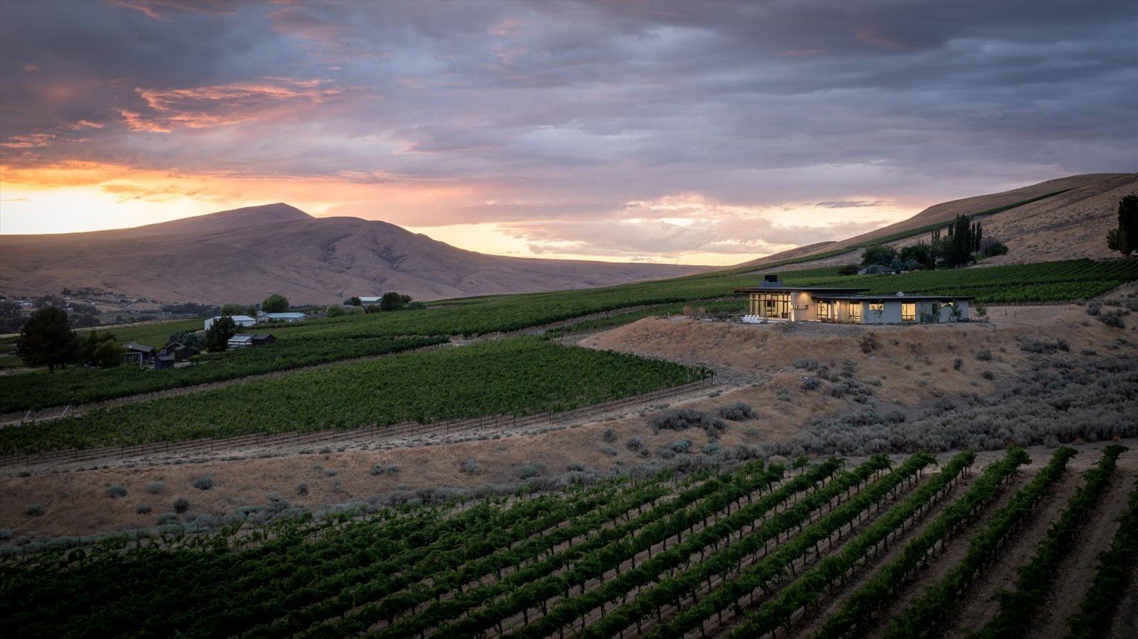 An aerial view of a large swimming pool in the backyard of a house.
