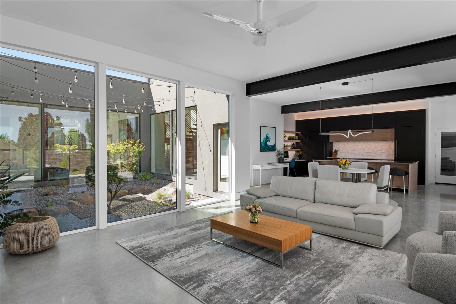 A living room with a couch and a coffee table