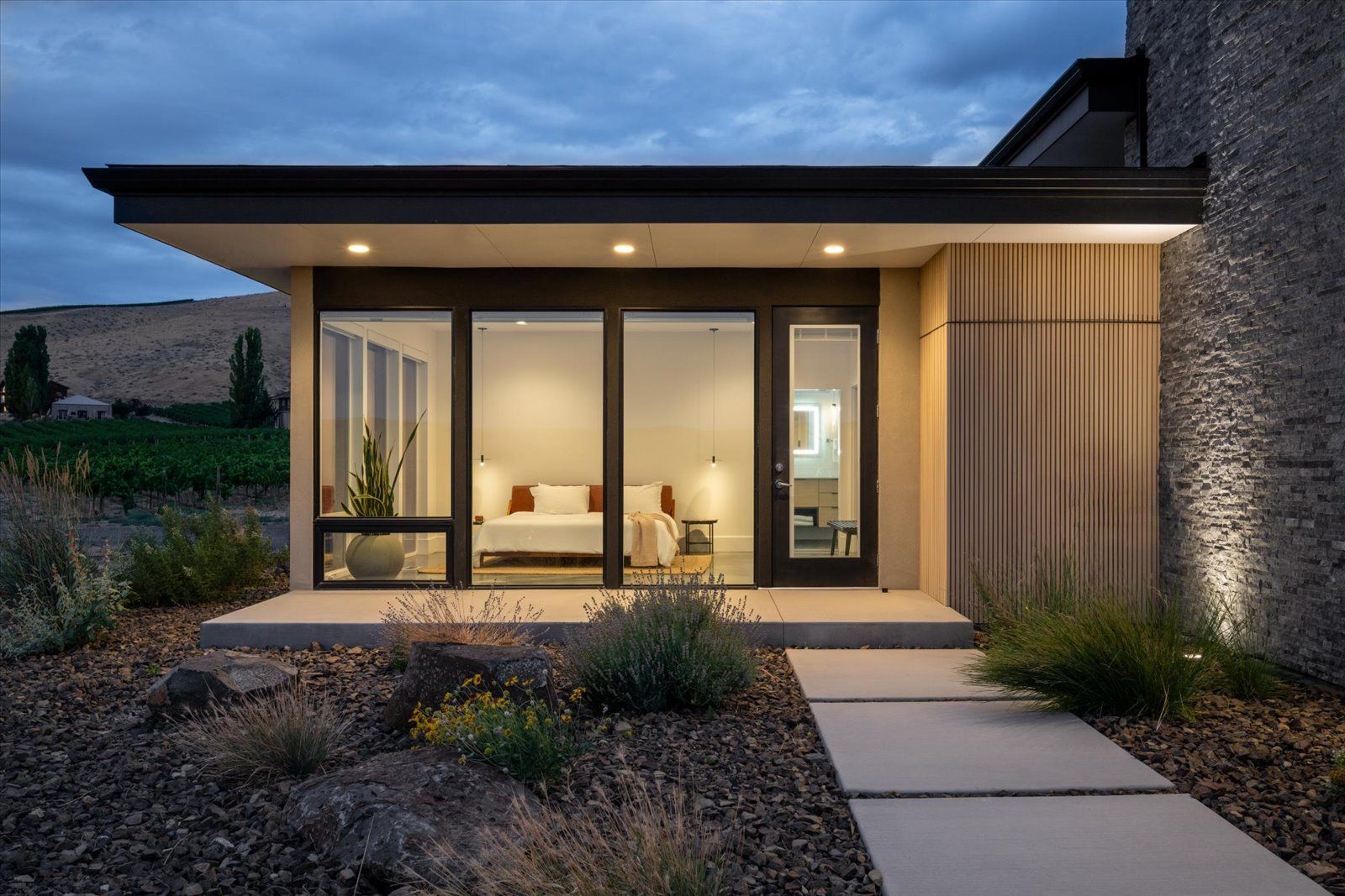 Modern home entrance with glass doors, concrete path, and exterior lighting at dusk.