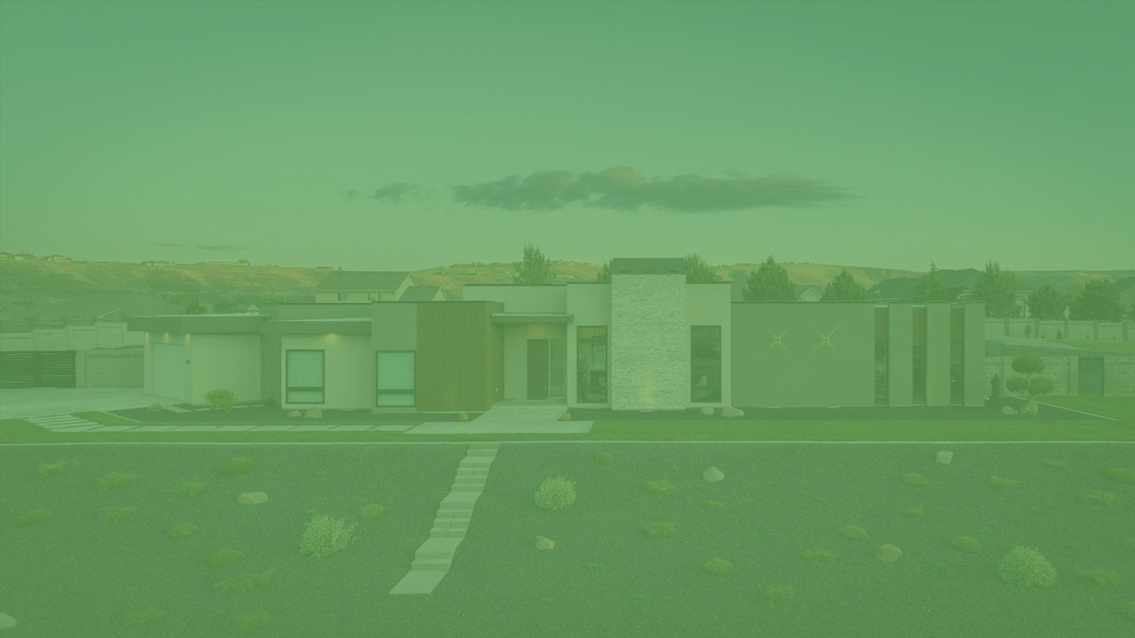 A green background with a house in the foreground and a parking lot in the background.