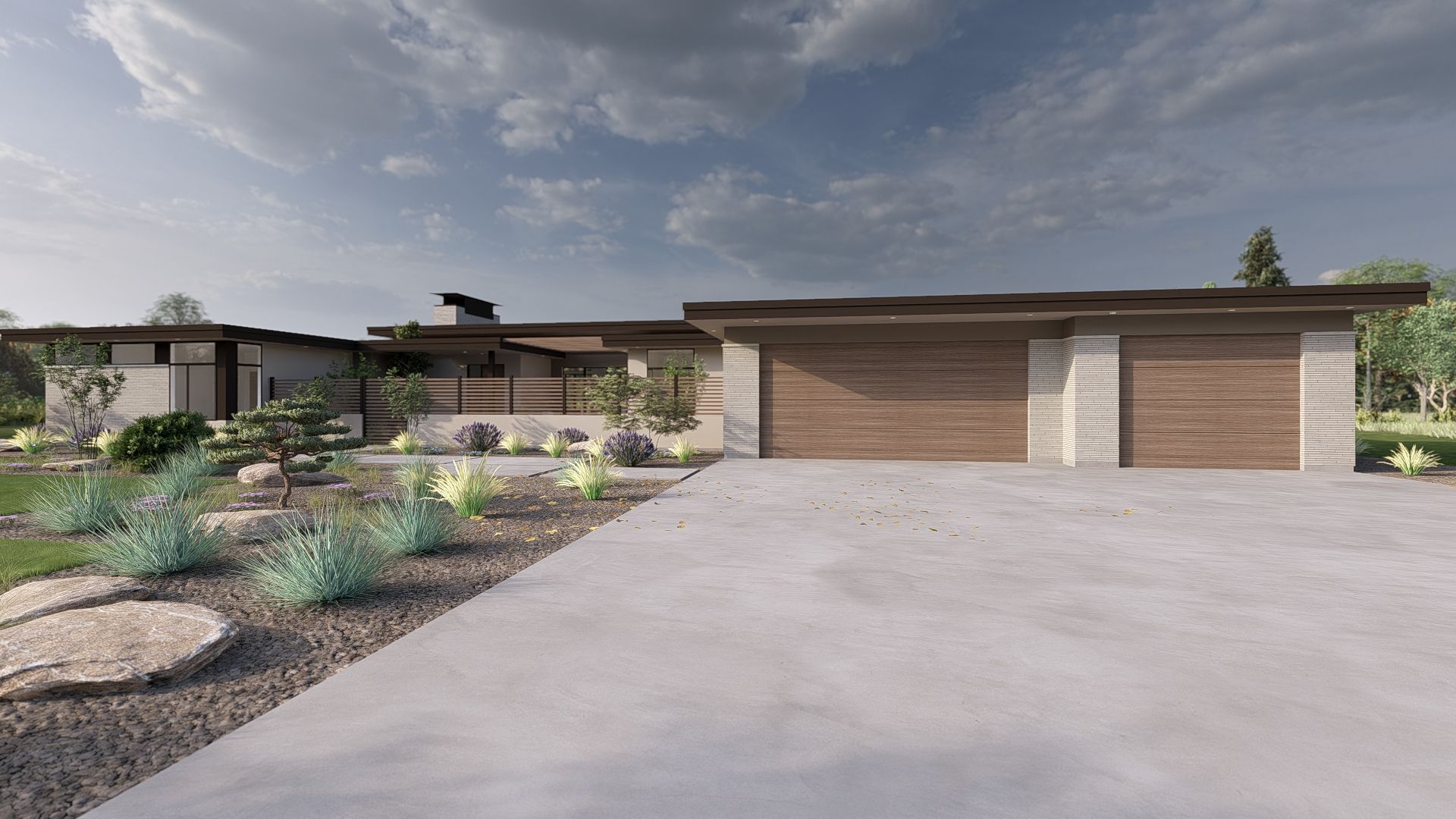 Modern home with flat roof and concrete driveway. Garage with wood doors and stone accents. Landscaping.