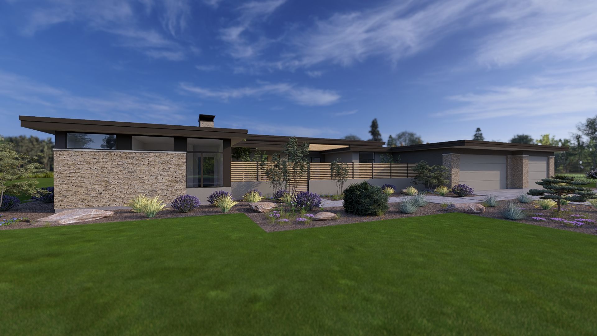 Modern, single-story house with stone walls, a flat roof, and a landscaped yard under a blue sky.