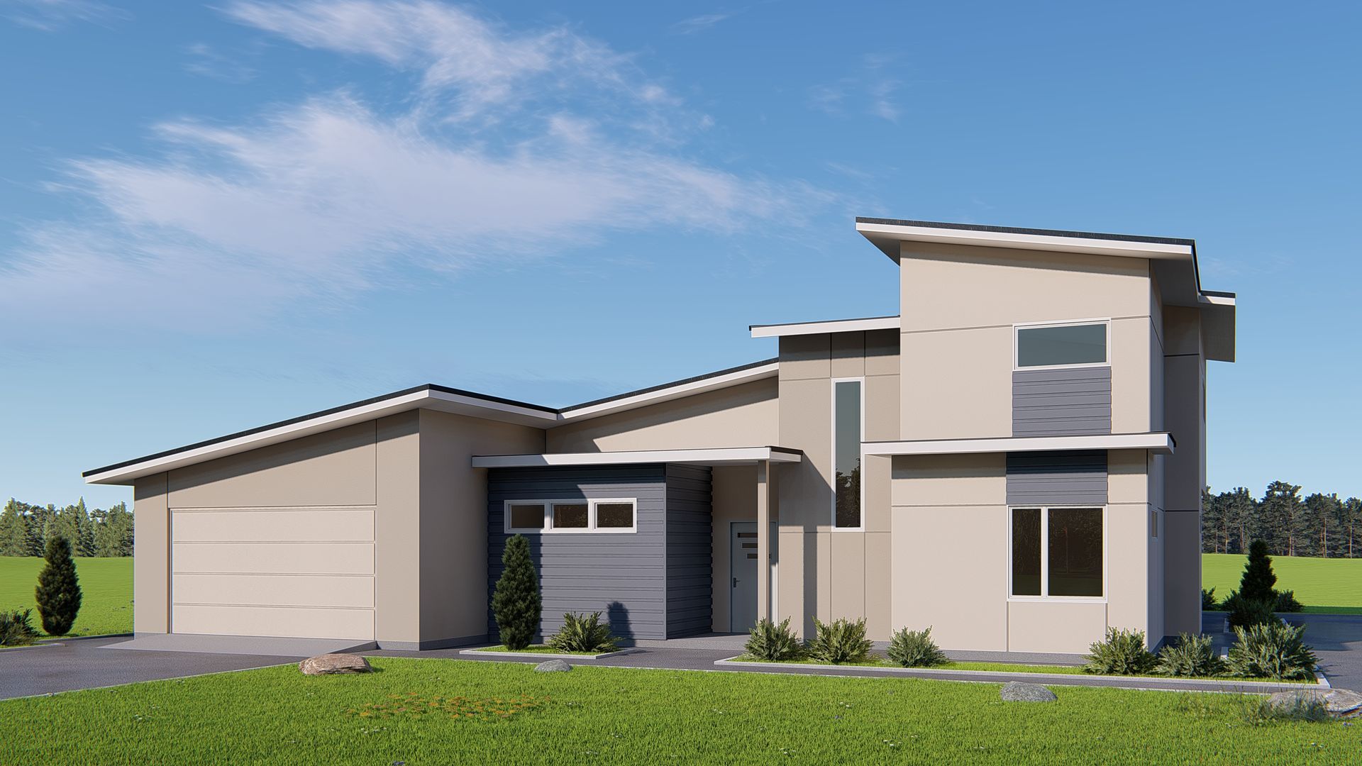 An artist 's impression of a modern house with a blue sky in the background.