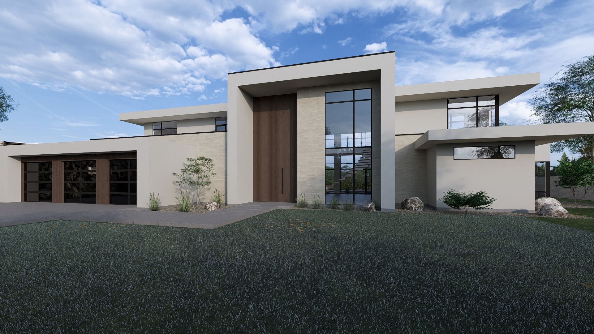 A large modern house with a lot of windows is sitting on top of a lush green field.