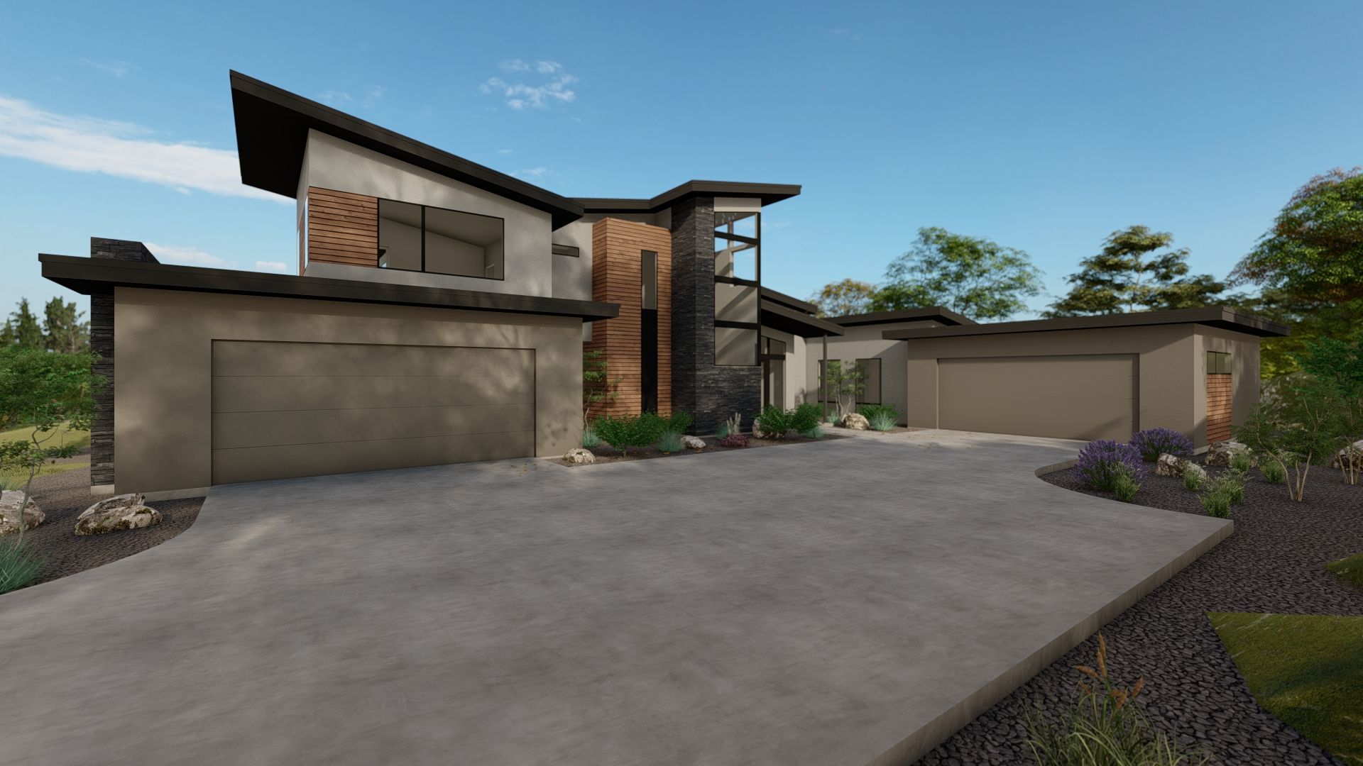 An artist 's impression of a modern house with two garages and a driveway.