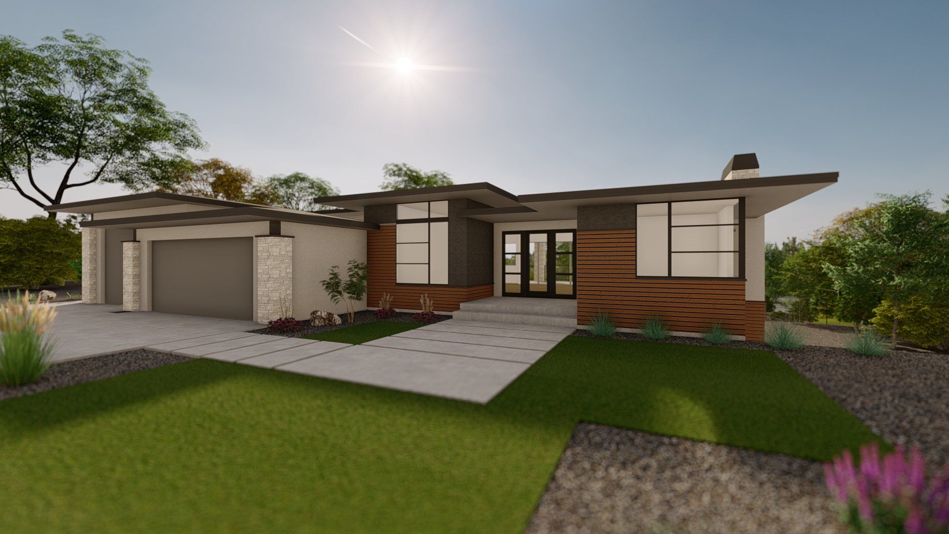 An artist 's impression of a modern house with a large garage.