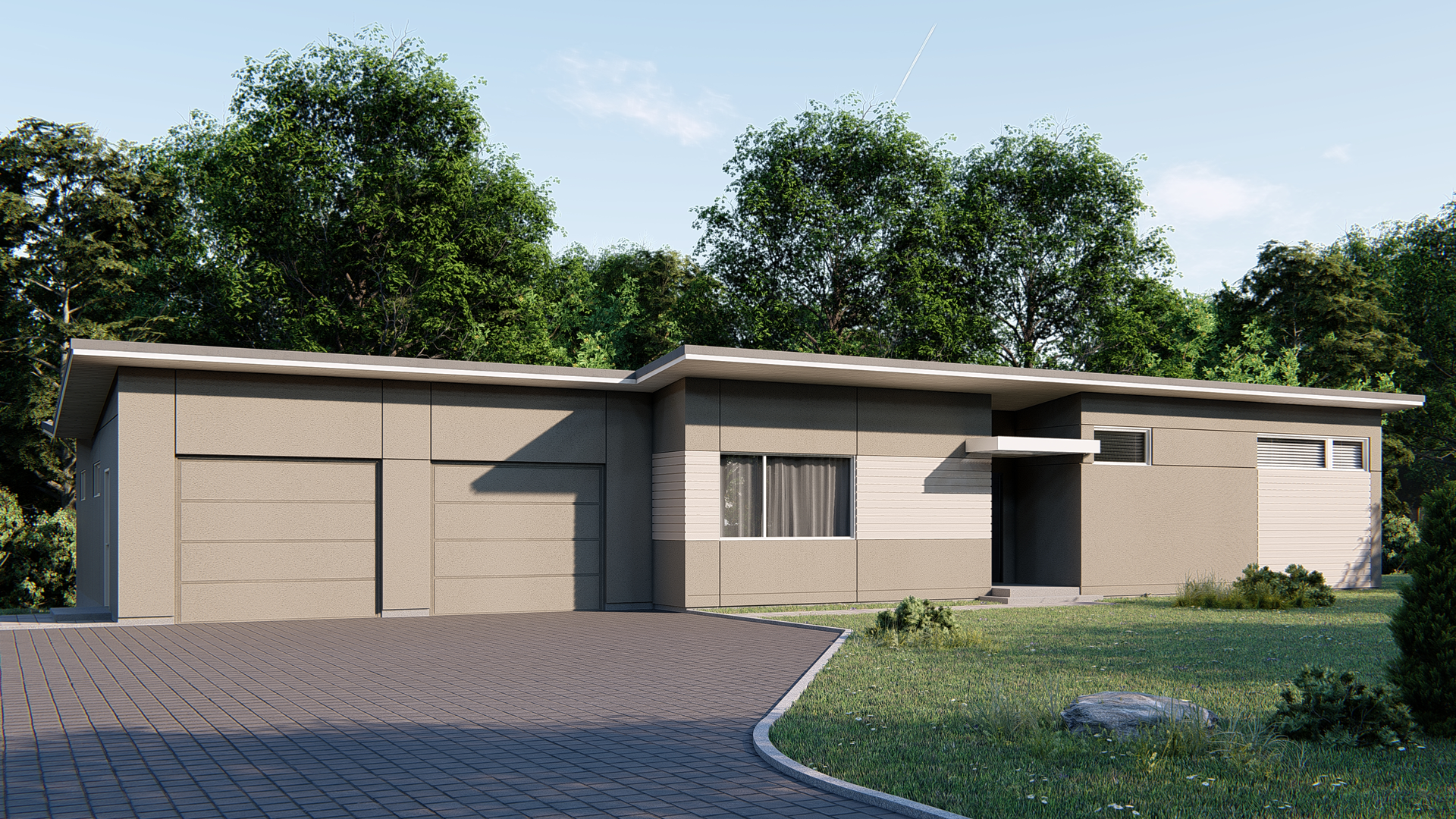 An artist 's impression of a house with a garage and a driveway