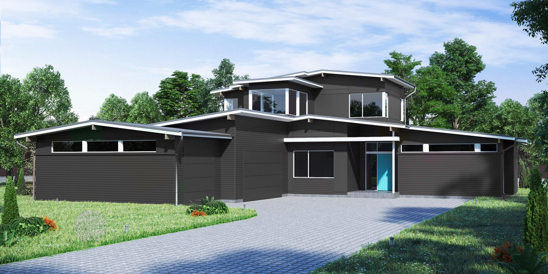 A large black house with a blue door is surrounded by trees and grass.