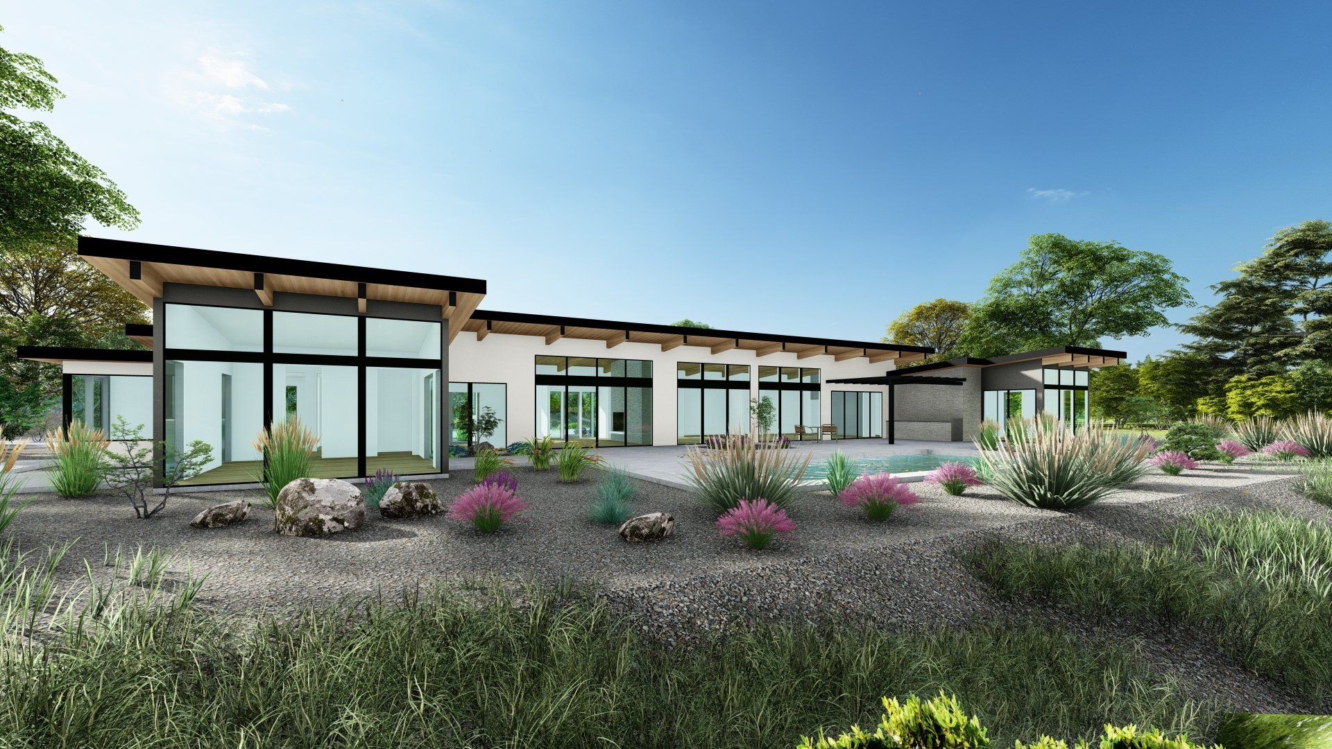 An artist 's impression of a modern house with a pool in the backyard.