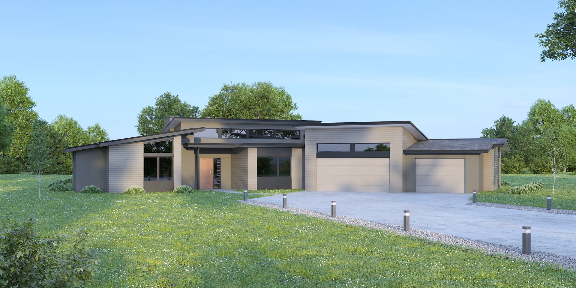 A modern house is sitting on top of a lush green field.