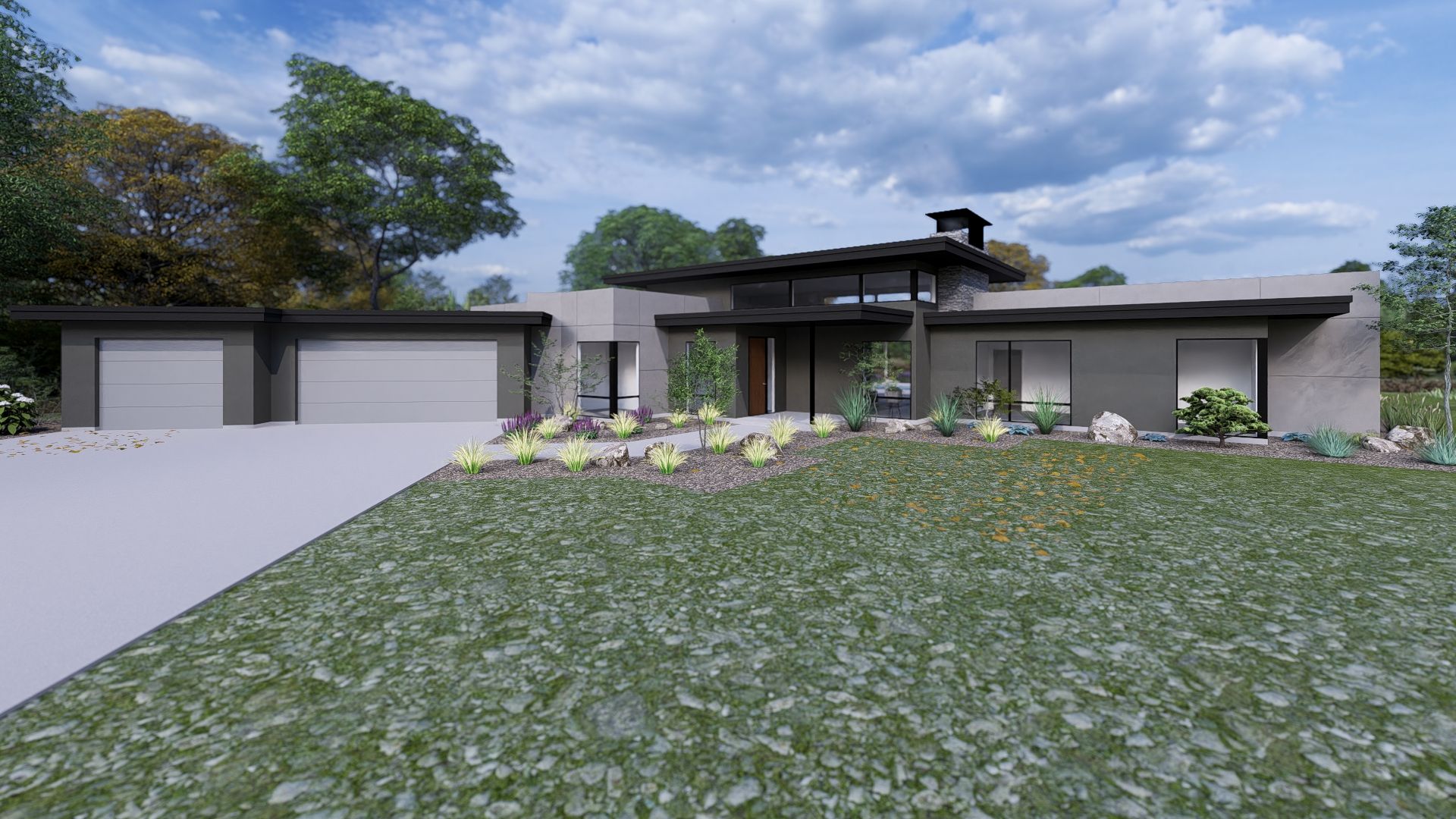 Modern home with a gray exterior, two-car garage, and landscaped front yard under a cloudy sky.