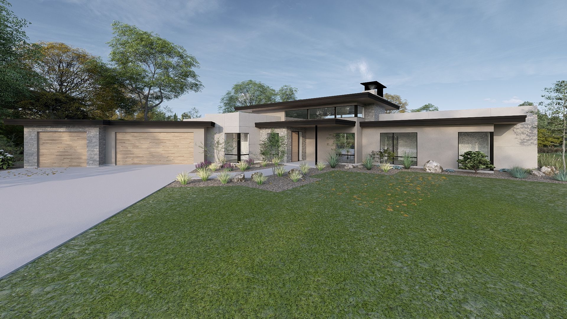 Modern, single-story house with a flat roof, attached garage, and landscaped yard.