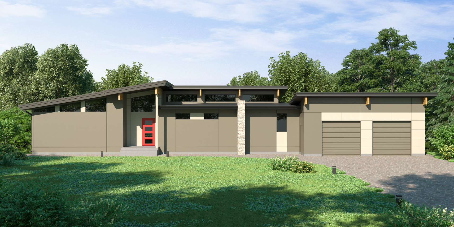 An artist 's impression of a house with a red door