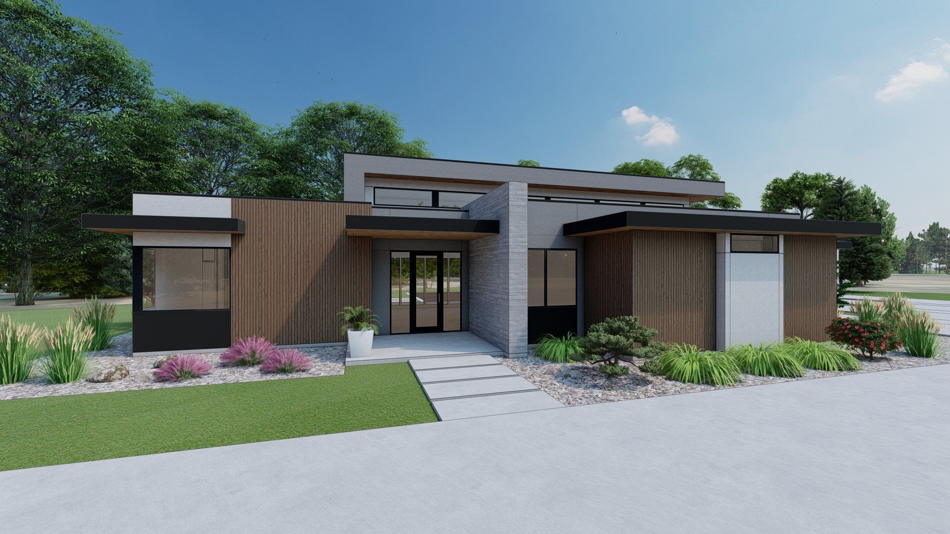 A 3d rendering of a modern house with a lot of windows and trees in the background.