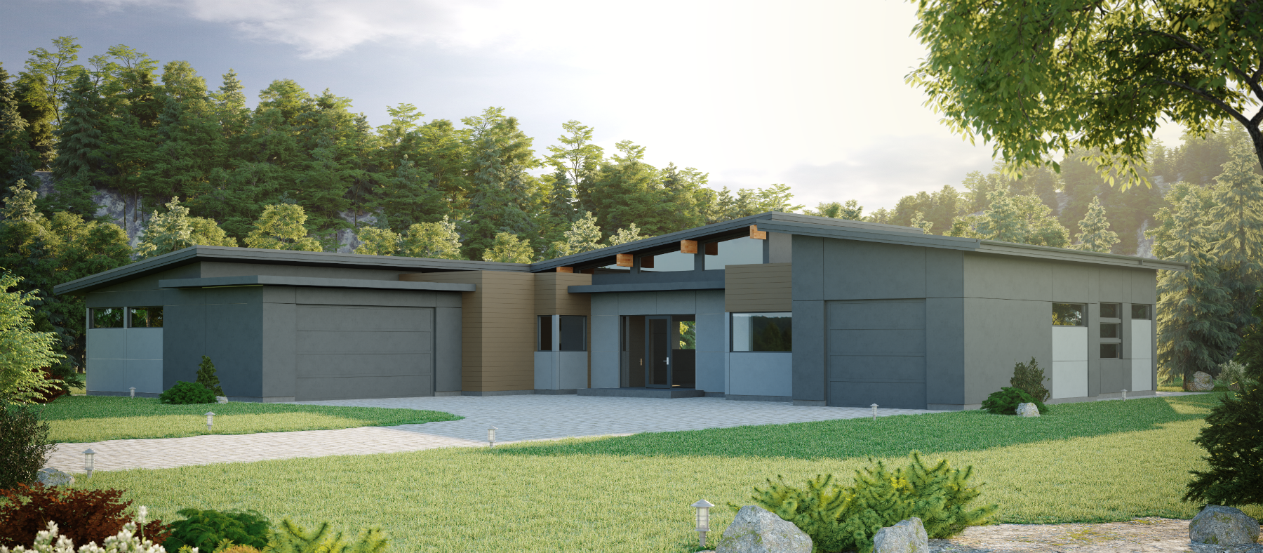 An artist 's impression of a modern house with two garages