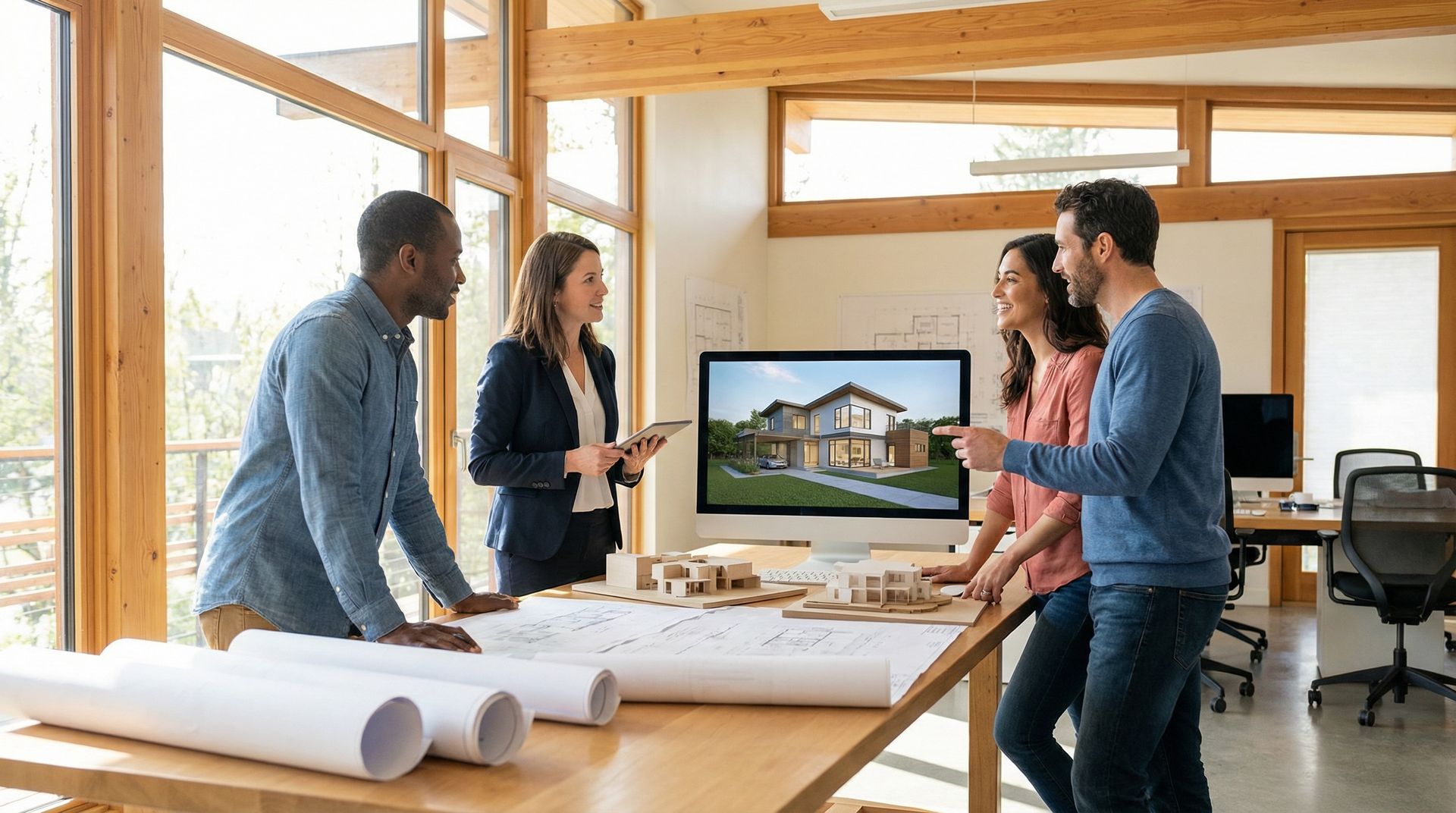Modern home with a wooden fence and gravel landscaping under a colorful sunset sky.