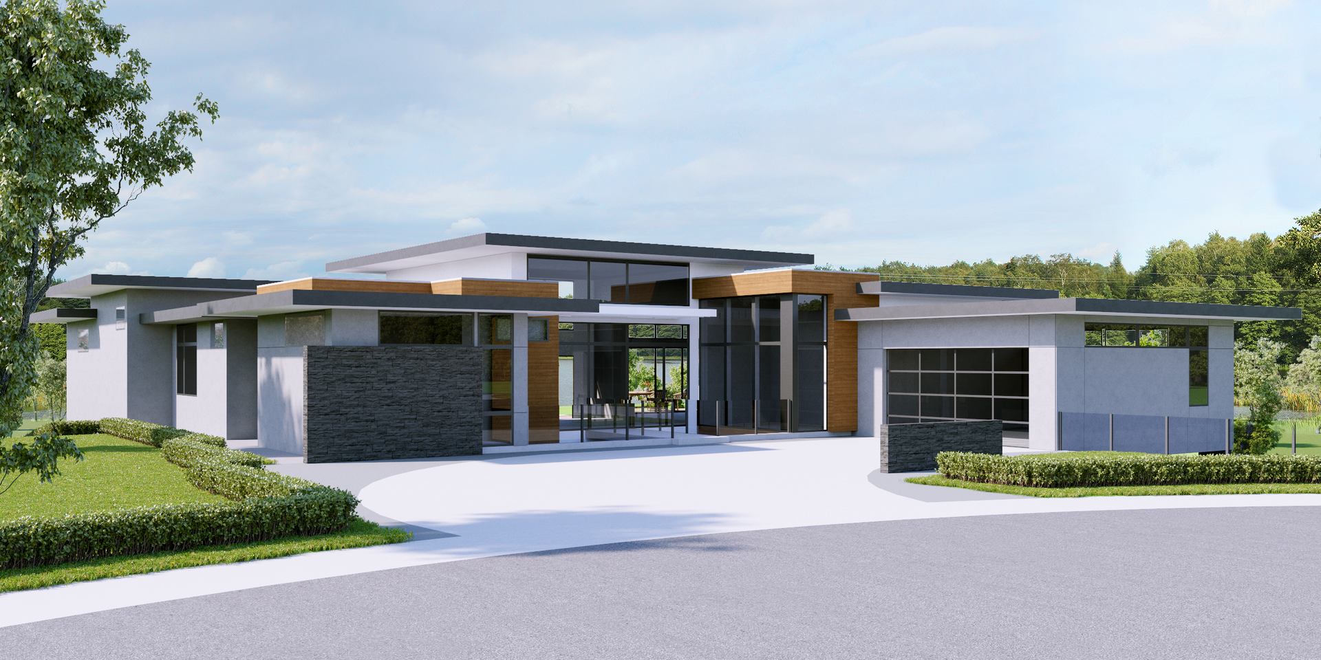 An artist 's impression of a modern house with a large driveway