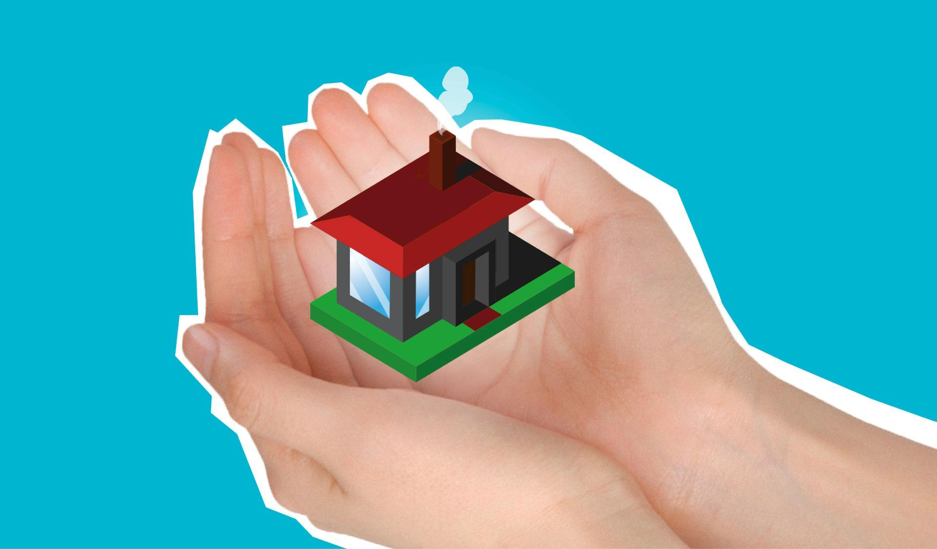Hands cradling a small house model, red roof, green base, against a blue background.