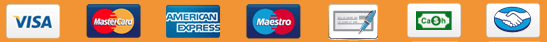 Logotipos de varios métodos de pago: Visa, Mastercard, American Express, Discover y otros sobre un fondo naranja.
