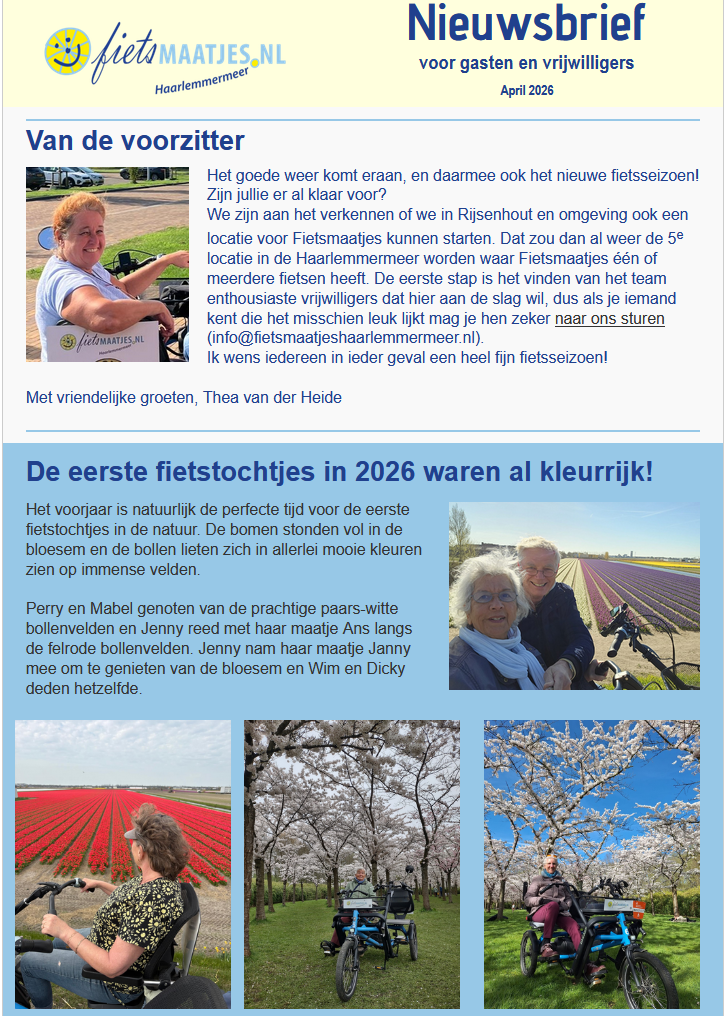 Het is de nieuwsbrief voor gasten en vrijwilligers van Fietsmaatjes Haarlemmermeer