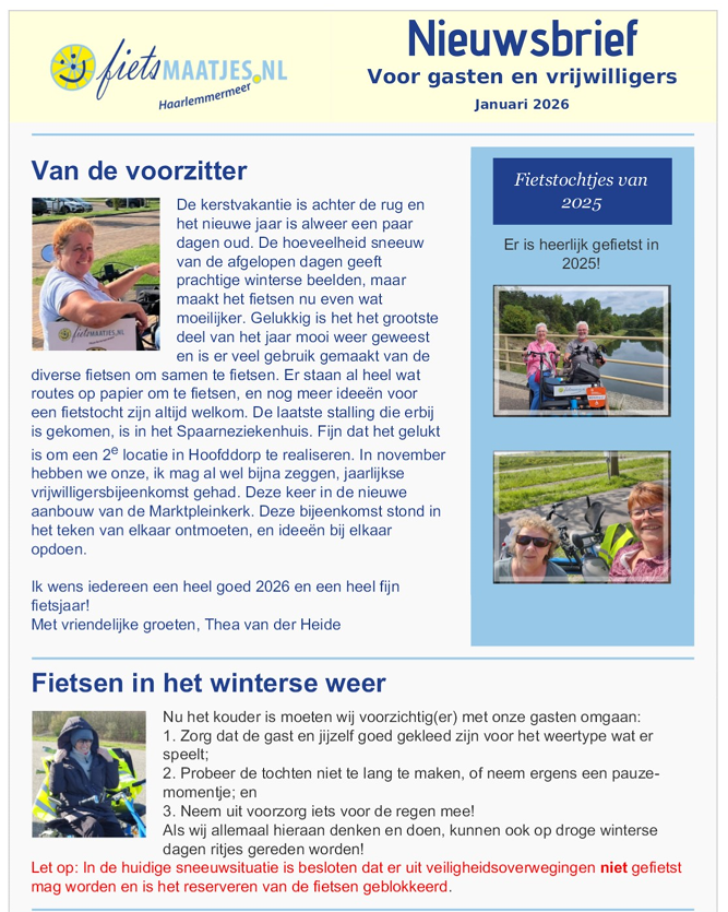 Het is de nieuwsbrief voor gasten en vrijwilligers van Fietsmaatjes Haarlemmermeer