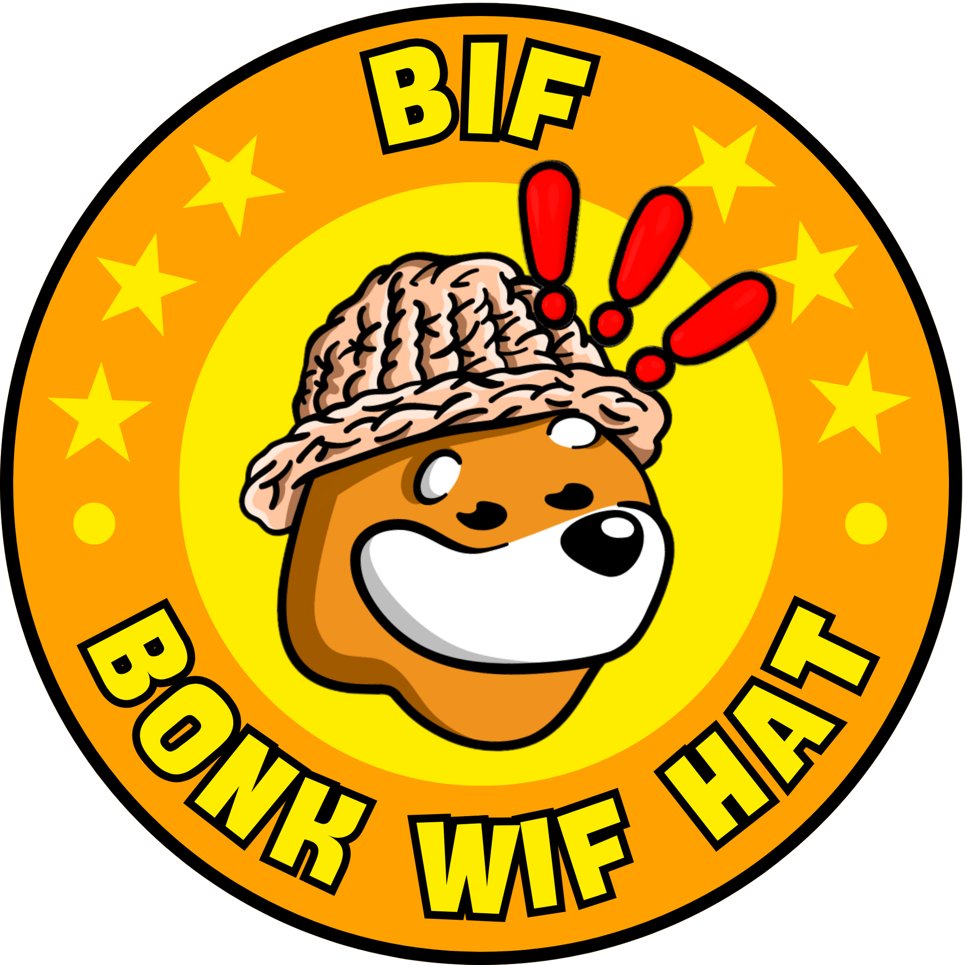 A cartoon dog wearing a hat with red exclamation points on its head.