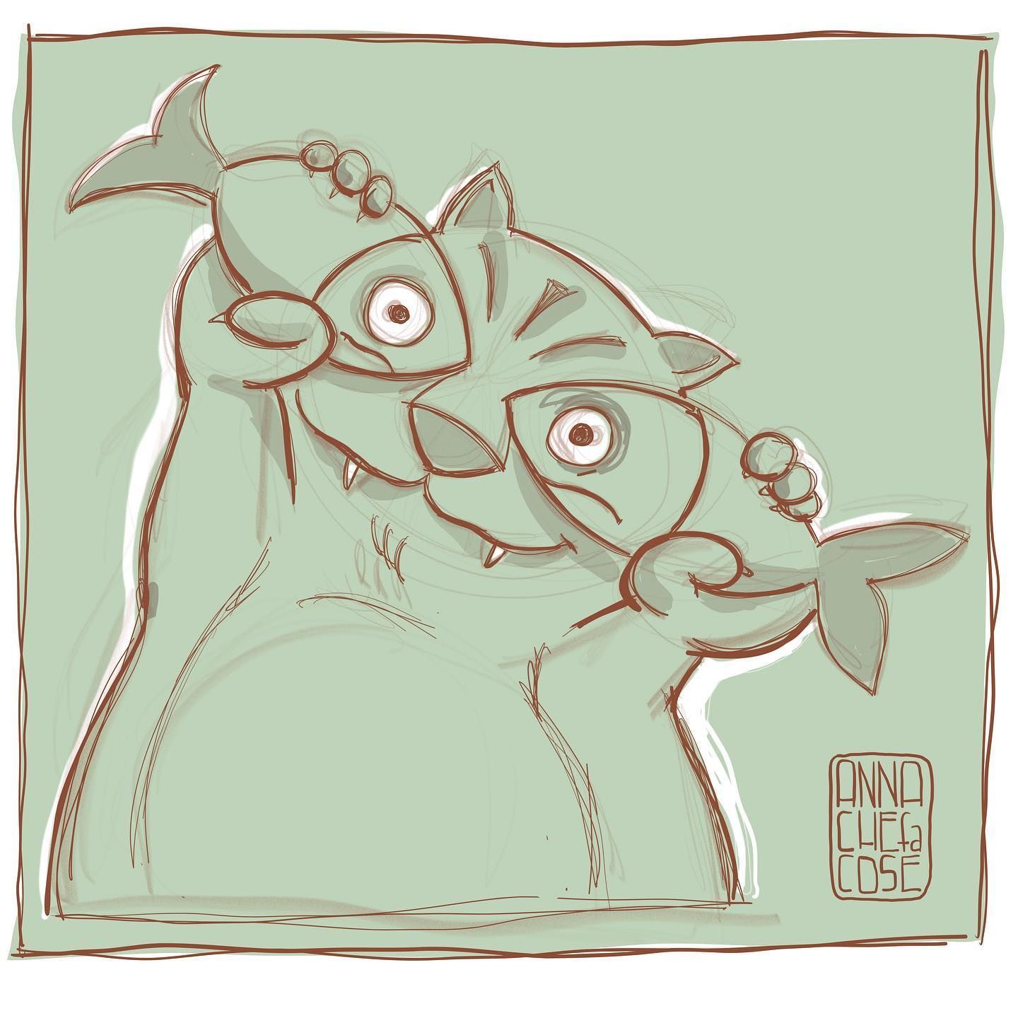 gatto che usa due pesci come occhiali, illustrazione digitale