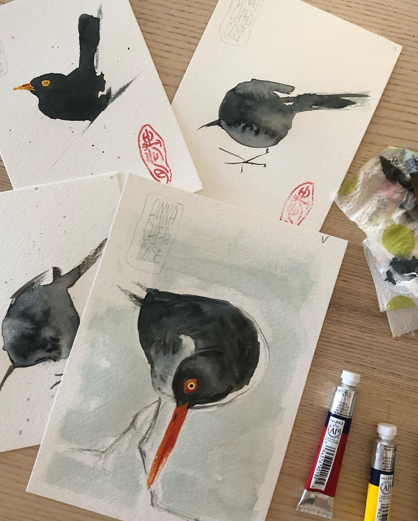 piccoli uccellini, acquerelli su carta