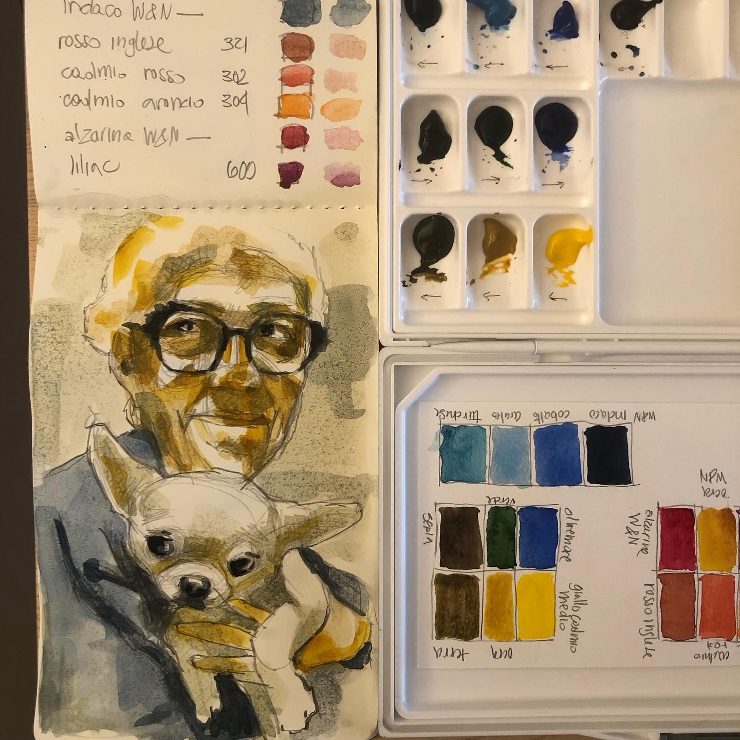 ritratto di donna con cane, acquerello su carta