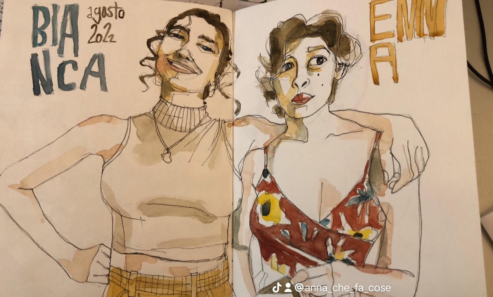 ritratto di sorelle ad acquerello e china