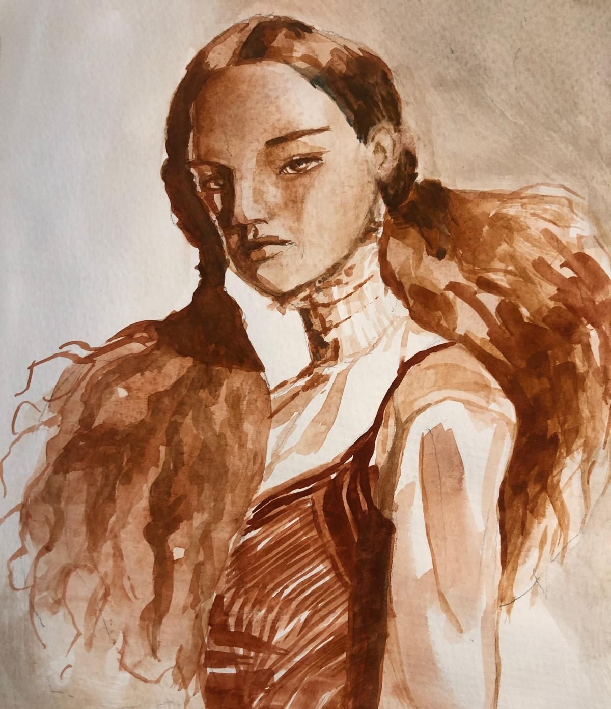 ritratto ad acquerello monocromo in sepia di modella