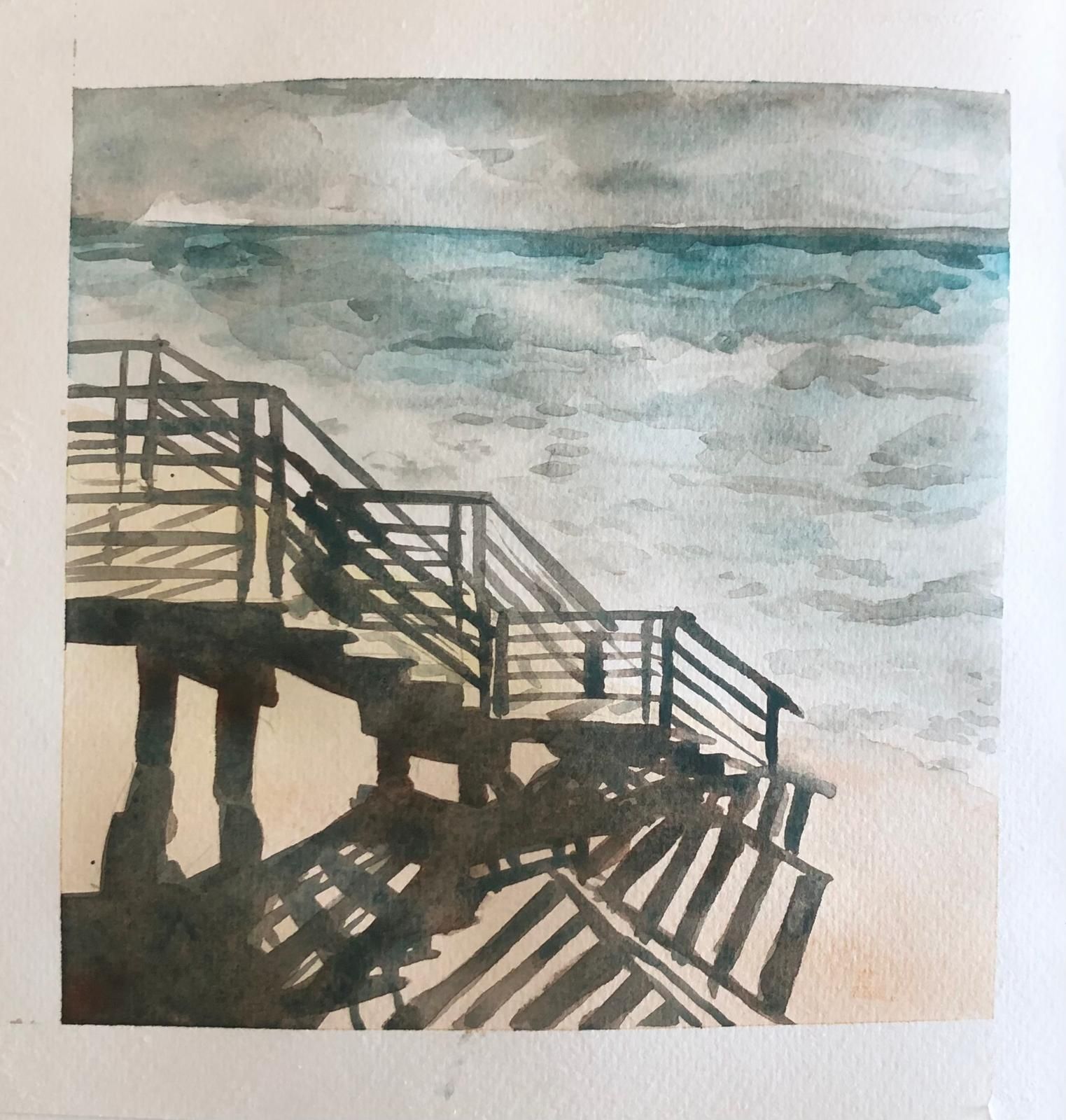 scala sulla spiaggia, acquerello su carta