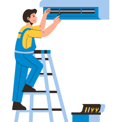 A man is standing on a ladder fixing an air conditioner.