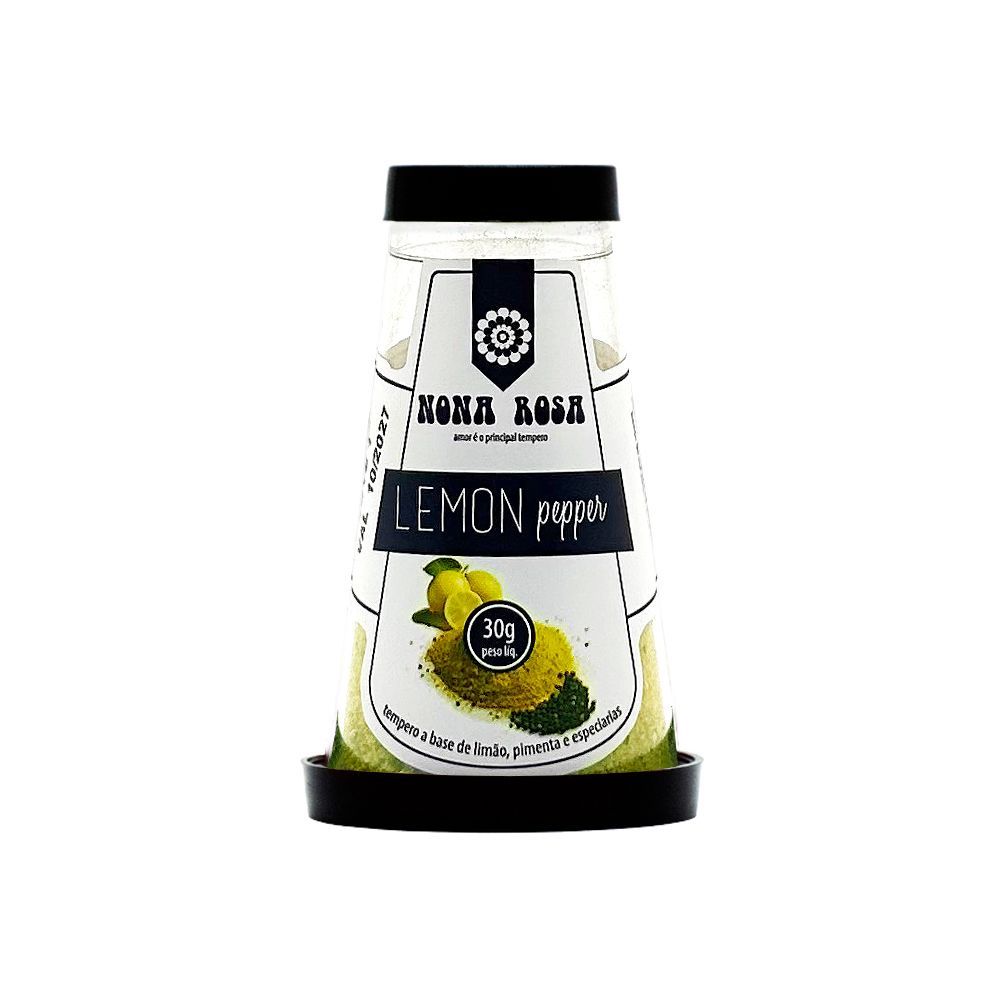 Tempero de pimenta-limão em uma coqueteleira de vidro transparente com tampa e base pretas.