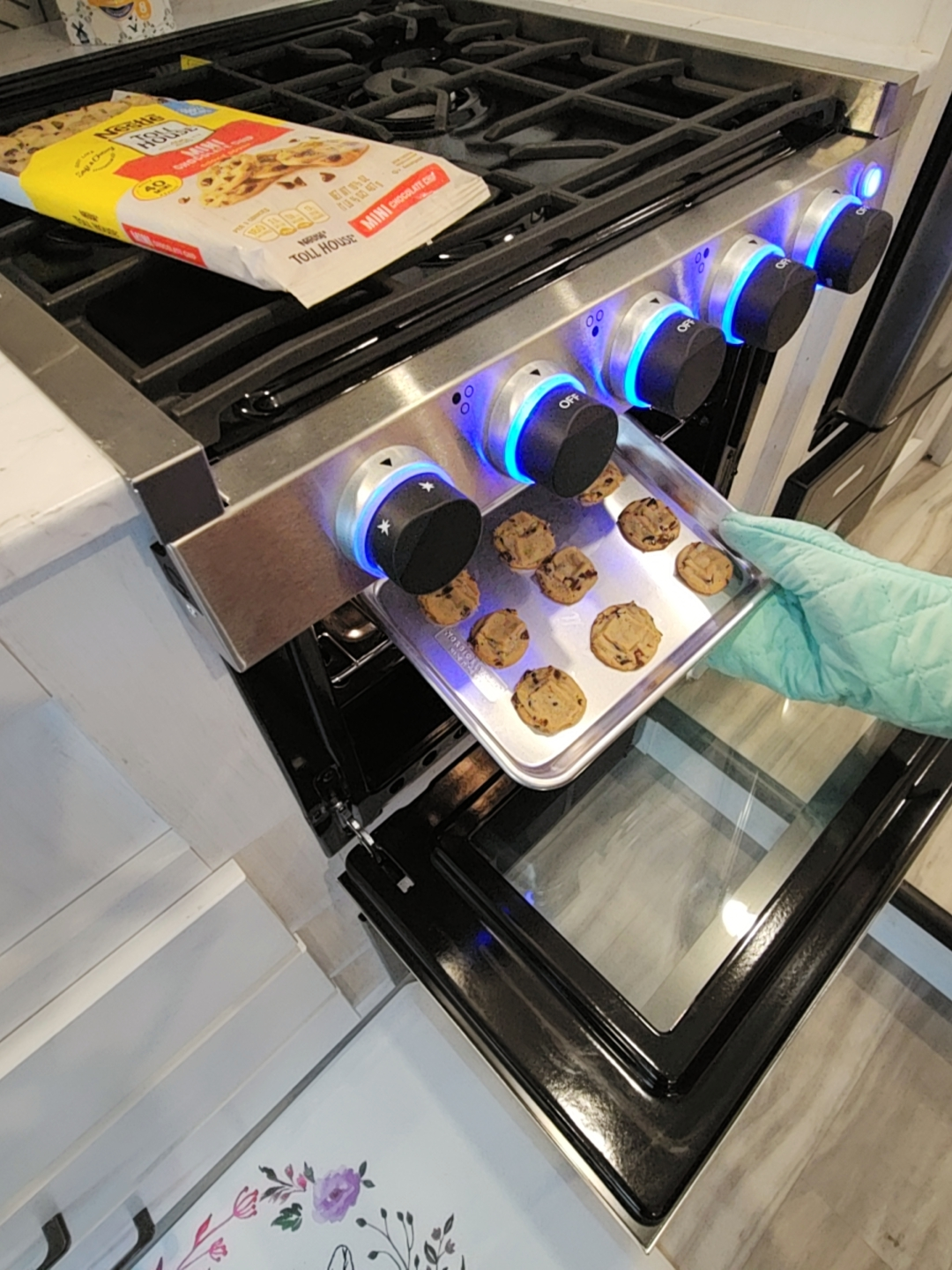 A woman baking cookies in a modern RV oven