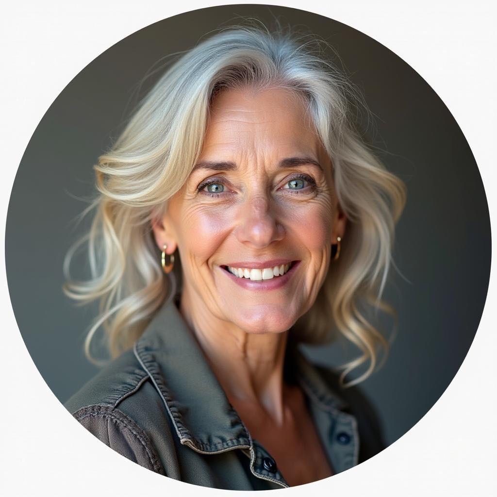 Smiling woman with blonde hair and gold hoops, wearing a green jacket.