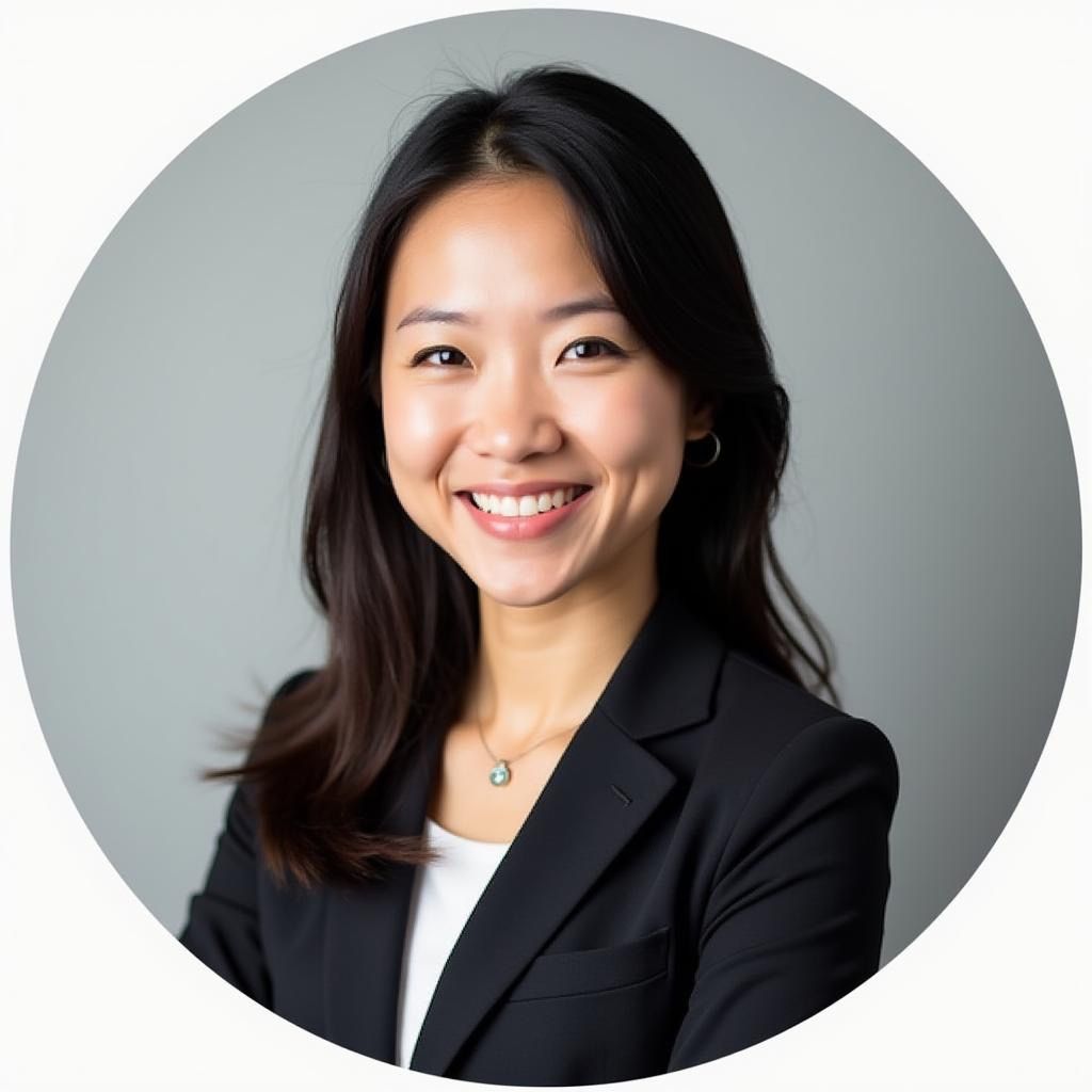 Smiling Asian woman wearing a blazer and white top, against a gray backdrop.