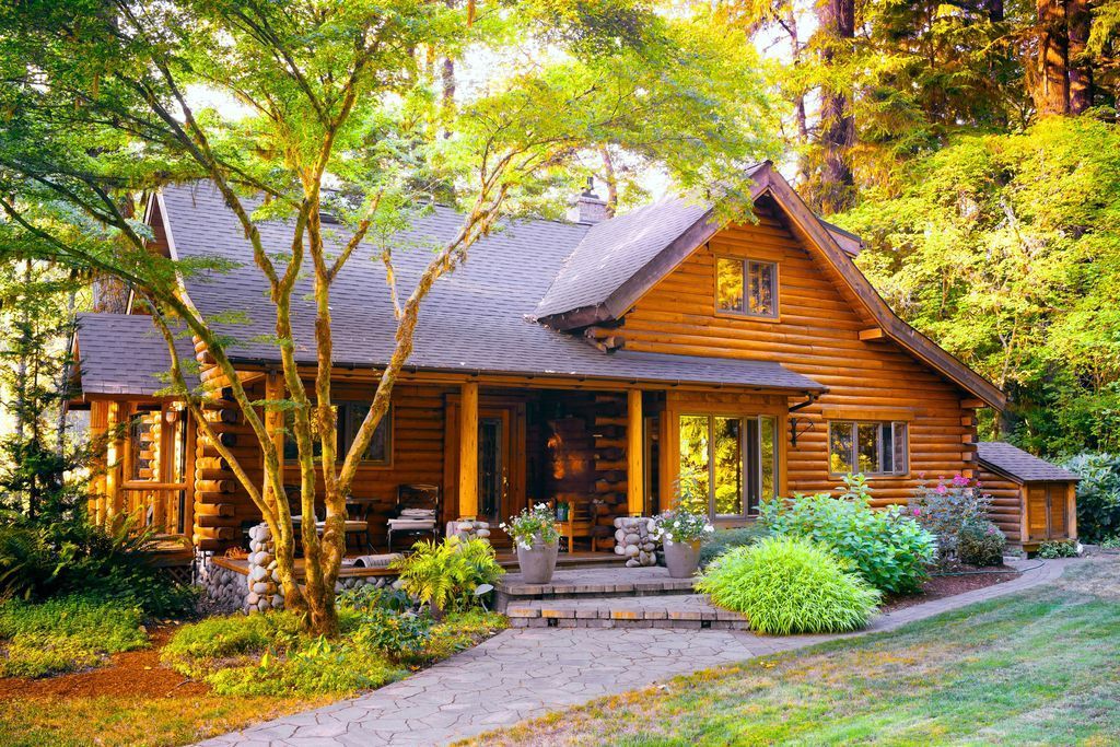 Wooden cabin surrounded by lush greenery and a stone pathway.