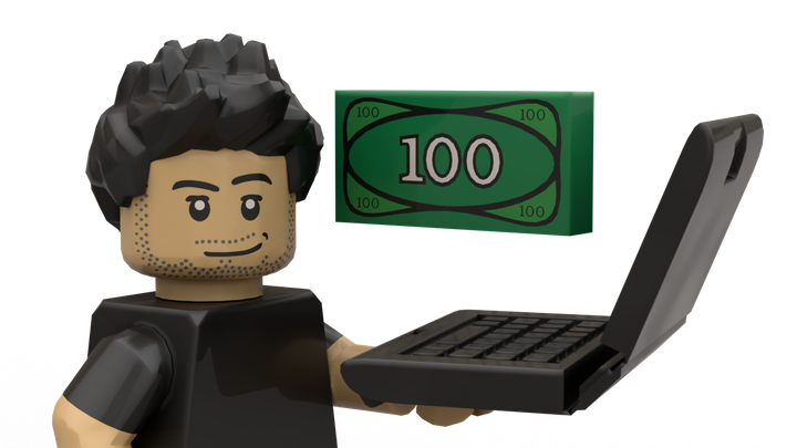 an image of a lego version of Cali, the owner of A Rising Tide, holding a lego laptop with a lego dollar hovering above it