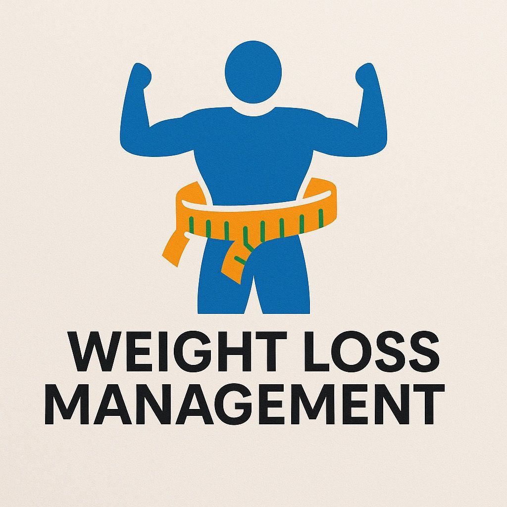 A blue silhouette of a man with a measuring tape around his waist.