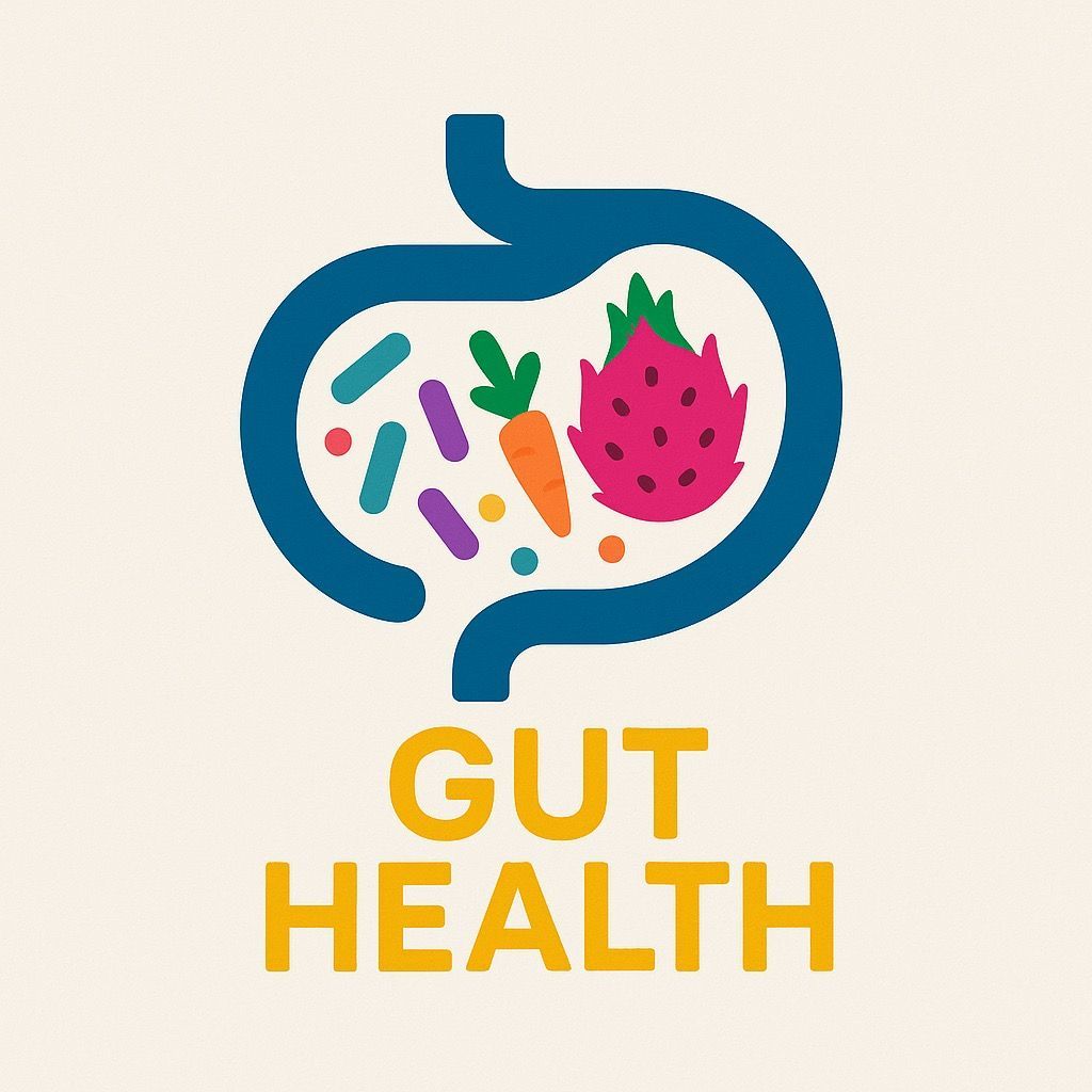A logo for gut health with a stomach filled with fruits and vegetables.