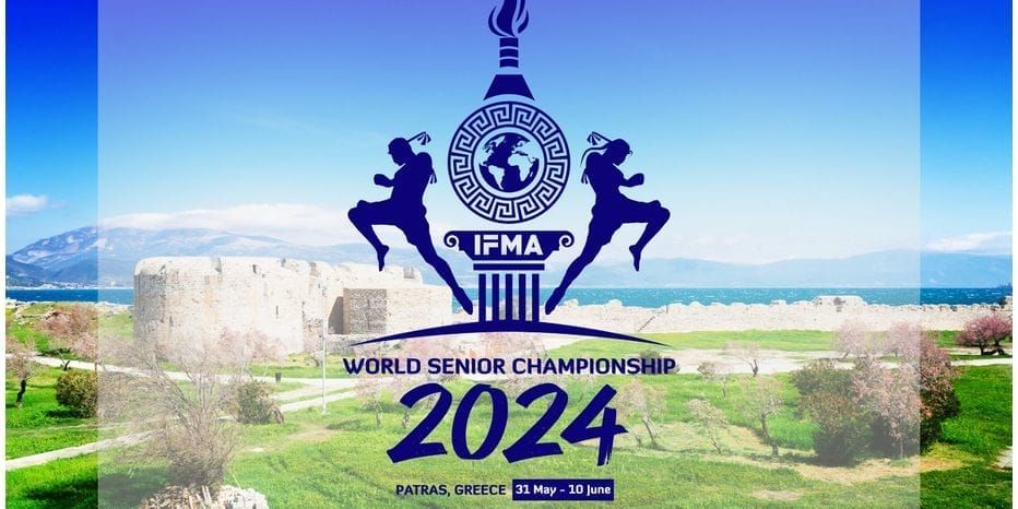 Poster for World Senior Championship 2024, featuring two silhouetted figures and a world globe symbol, set against a scenic backdrop.